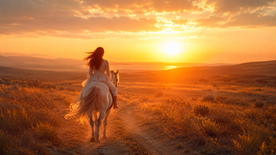 Frau auf einem weißen Pferd reitet bei Sonnenuntergang in die Weite – Symbol für innere Freiheit, Selbstfindung, Loslassen und persönliches Wachstum.