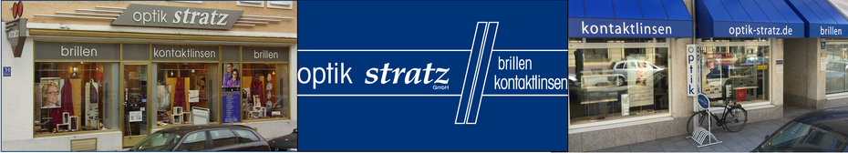 blaues Firmenlogo Optik Stratz, mit Ladenfronten beider Ladengeschäfte
