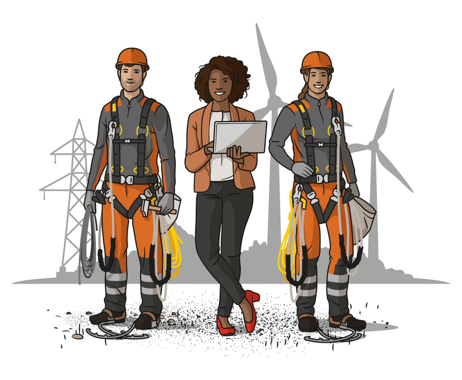 Corporate Illustration Menschen, Netzelektrikerin, Beraterin mit Laptop, Windanlagenmonteur © Michael Stünzi