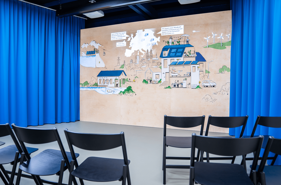 Die Ausstellung startet bei der raumgrossen, interaktiven Wand. © Michael Stünzi