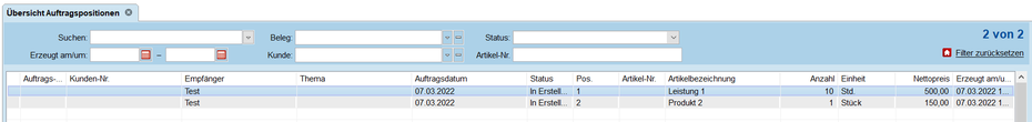 Übersicht Auftragspositionen