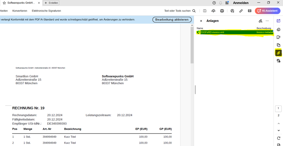 zugferd rechnung einsehen über pdf reader