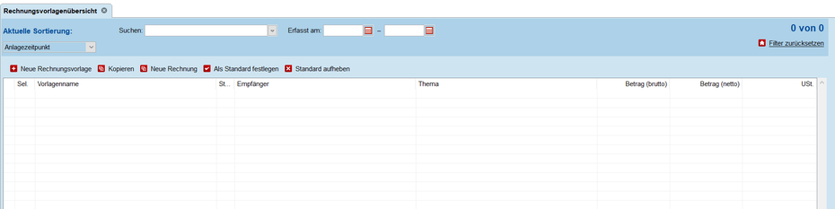 Rechnungsvorlagenübersicht Maske