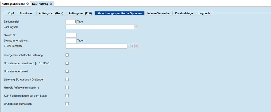Auftrag Abrechnungsspezifische Optionen