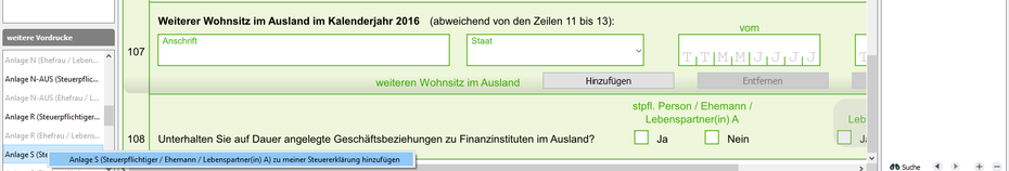 Steuererklärung, Anlage hinzufügen, Anlage S