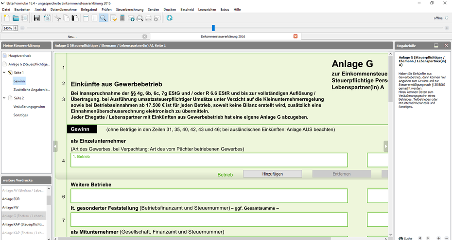Steuererklärung, Anlage G, Gewerbebetrieb