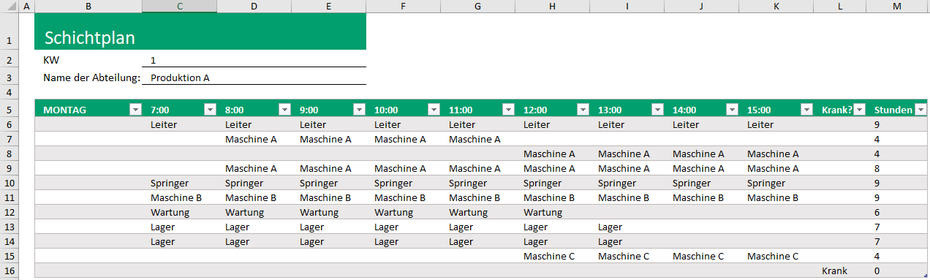 Excel Schichtplan Vorlage mit Dropdownfelder