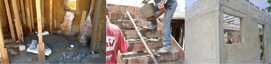 Aspectos de la construcción “en húmedo” (De Izq. a Der. cimbra tradicional, vaciado de una escalera de concreto, estructura y muros base una vez terminados