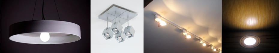 Distintas aplicaciones arquitectónicas de luminarias (De Izq. a Der., fluorescente de techo, halógenas de techo y de riel, reflector de piso LED)