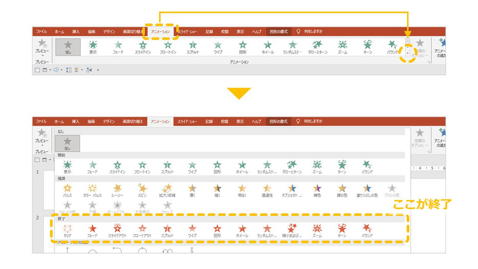パワポのアニメーションで、テキストや図形、画像などを消す方法。