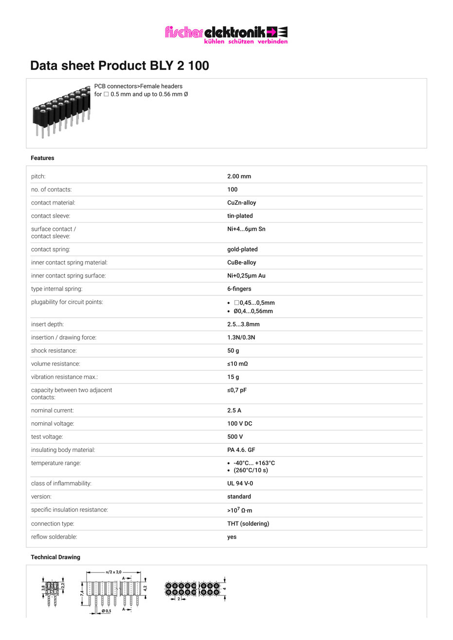 BLY 2 100 | 2mmピッチ 連結ソケット 2列 100極 Fischer Elektronik