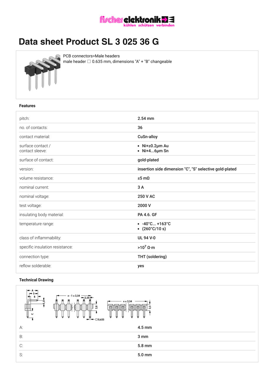 SL 3 025 36 G | 2.54mmピッチ ピンヘッダー 36ピン連結 ライトアングル