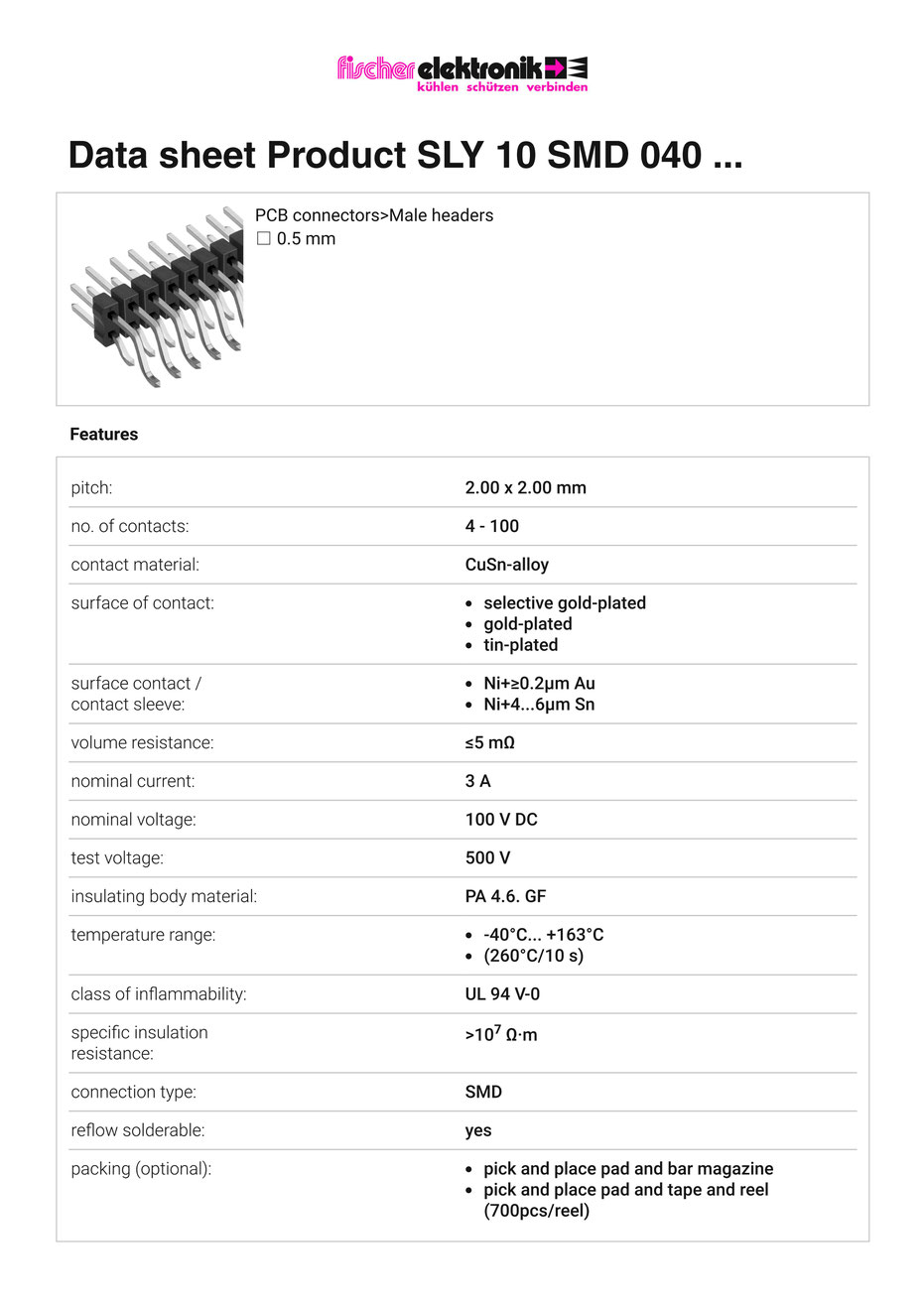 SLY-10-SMD-040 | 2mmピッチ ピンヘッダー ライトアングル 2列(0.5mm角ピン)