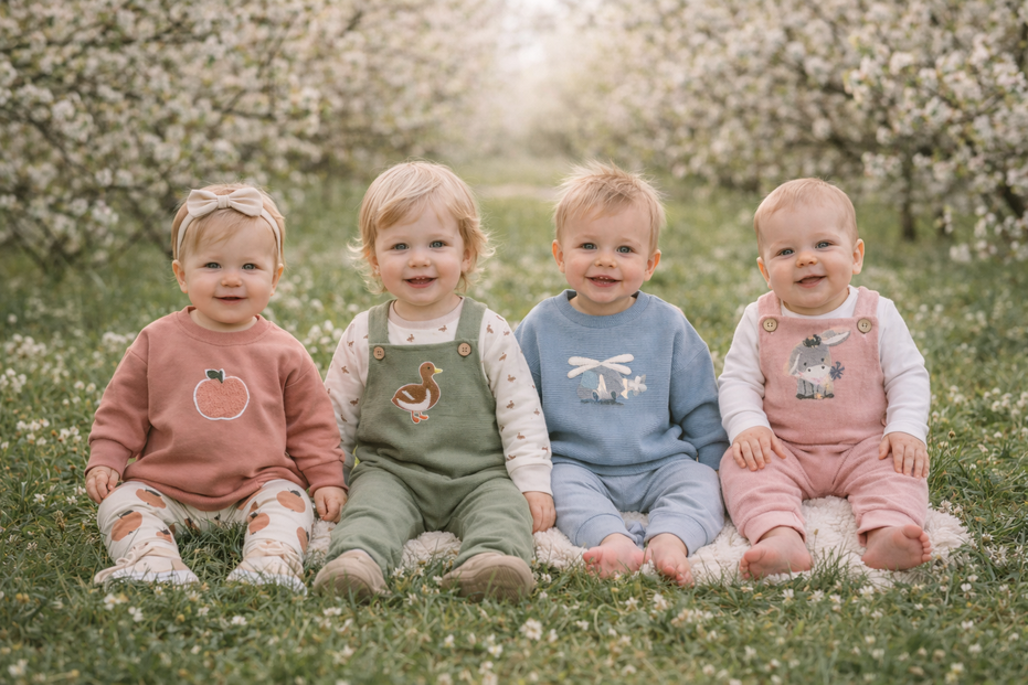 Vier Kleinkinder in Wild Kids Kollektion - Pullover und Hosen mit Früchte- und Tiermotiven | Scherzinger-Baby