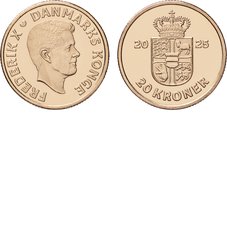 Dänemarks neue 20-Kronen-Münze mit dem Porträt Frederiks X. auf der Vorder- und seinem Wappen auf der Rückseite. Foto: Danmarks Nationalbank