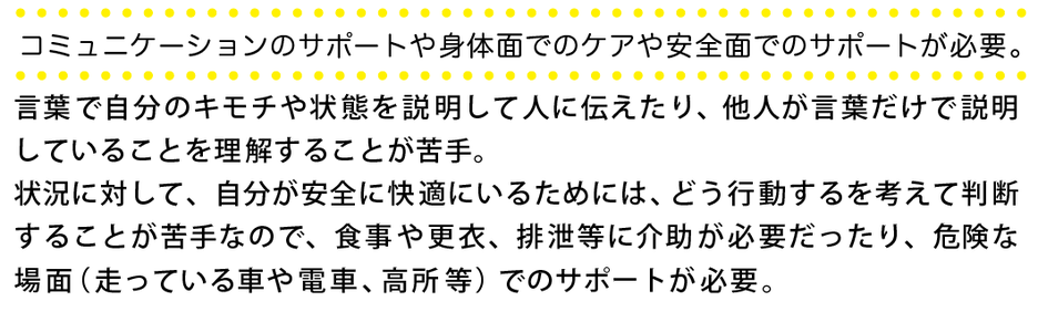 ◯コミュニケーションのサポートや身体面でのケアや安全面でのサポートが必要、、、。 言葉で自分のキモチや状態を説明して人に伝えたり、他人が言葉だけで説明していることを理解することが苦手。 状況に対して、自分が安全に快適にいるためには、どう行動するを考えて判断することが苦手なので、食事や更衣、排泄等に介助が必要だったり、危険な場面（走っている車や電車、高所等）でのサポートが必要。