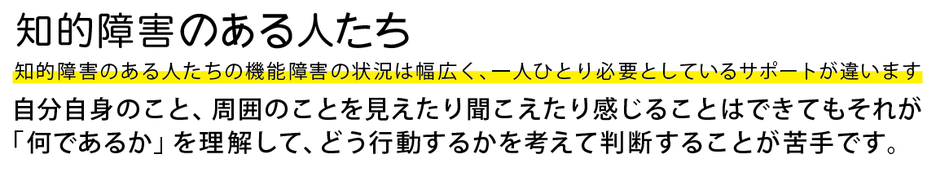 知的障害のある人たちの機能障害の状況は幅広く、一人ひとり必要としているサポートが違います 自分自身のこと、周囲のことを見えたり聞こえたり感じることはできてもそれが「何であるか」を理解して、どう行動するかを考えて判断することが苦手です。