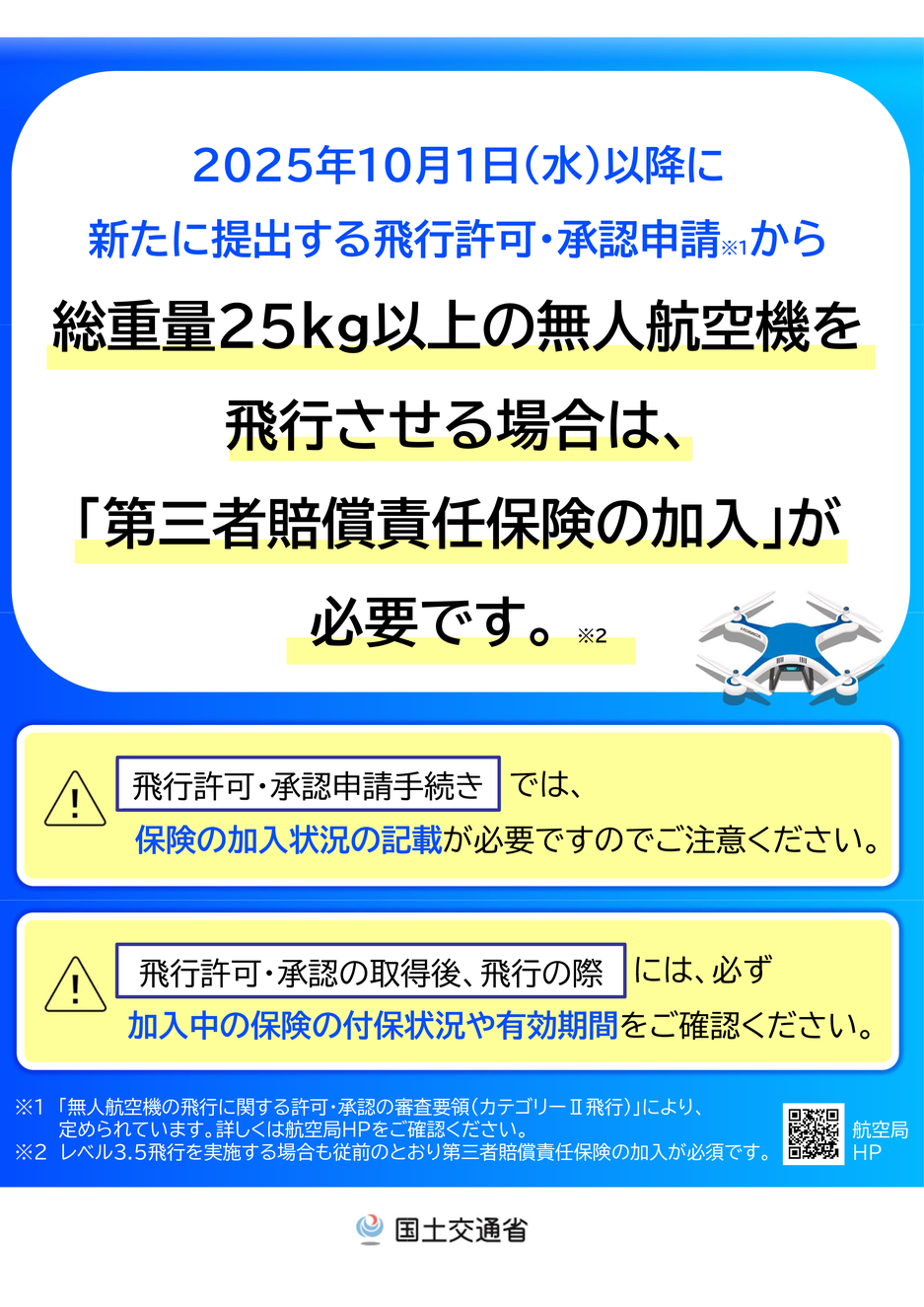 総重量25kg以上の無人航空機を飛行させる場合は第三者賠償責任保険の加入が必要です