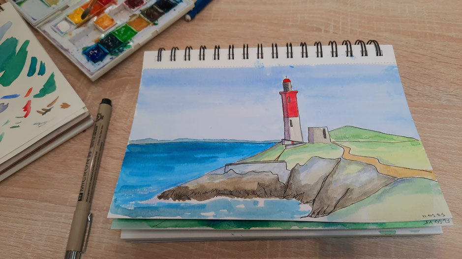 Phare à l aquarelle réalise dans la formation " crée ton premier carnet de voyage à l aquarelle en 7 étapes"