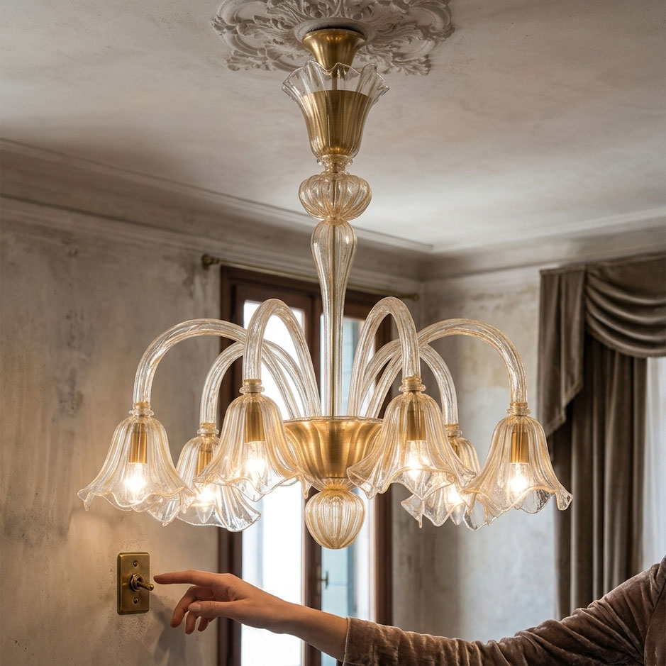 Lampadario Murano Berg in cristallo con finitura oro a 6 luci realizzato a mano