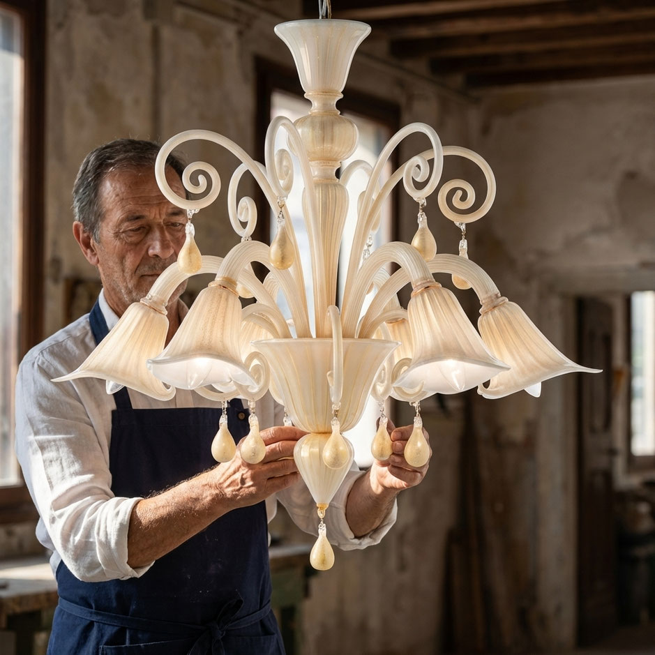 Lampadario classico veneziano Bach White in vetro di Murano bianco oro