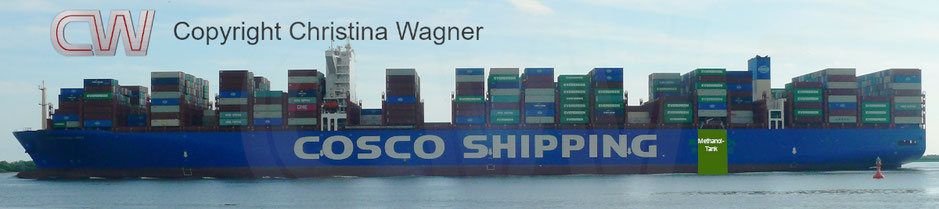 Foto der COSCO SHIPPING LIBRA mit grün markierter Position des neuen Methanol-Tanks