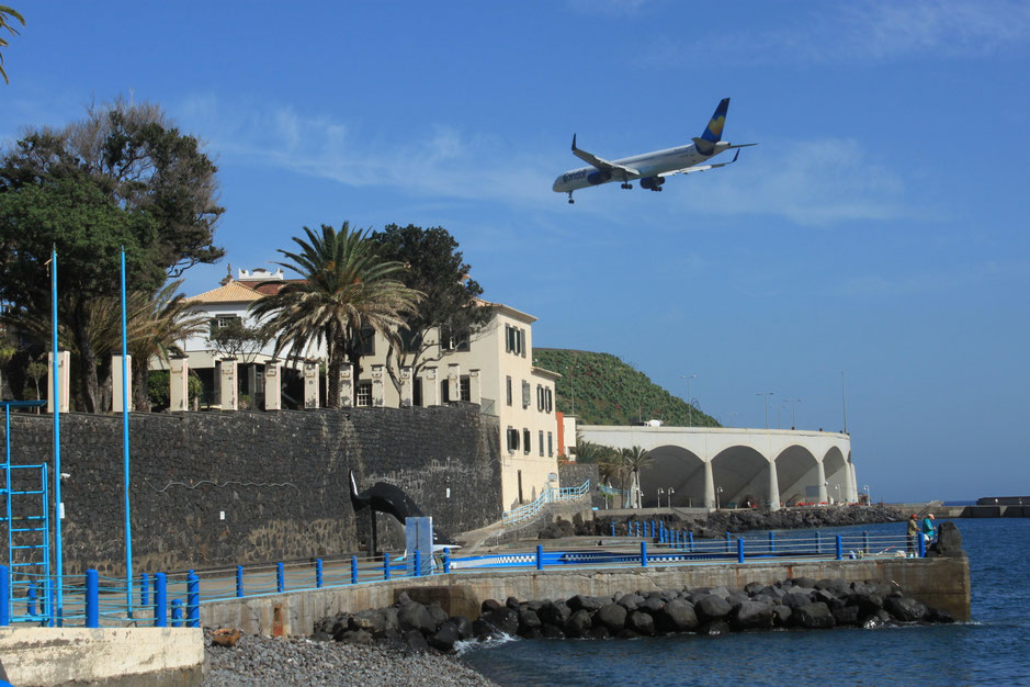 Plane landing at Funchal airport, Madeira