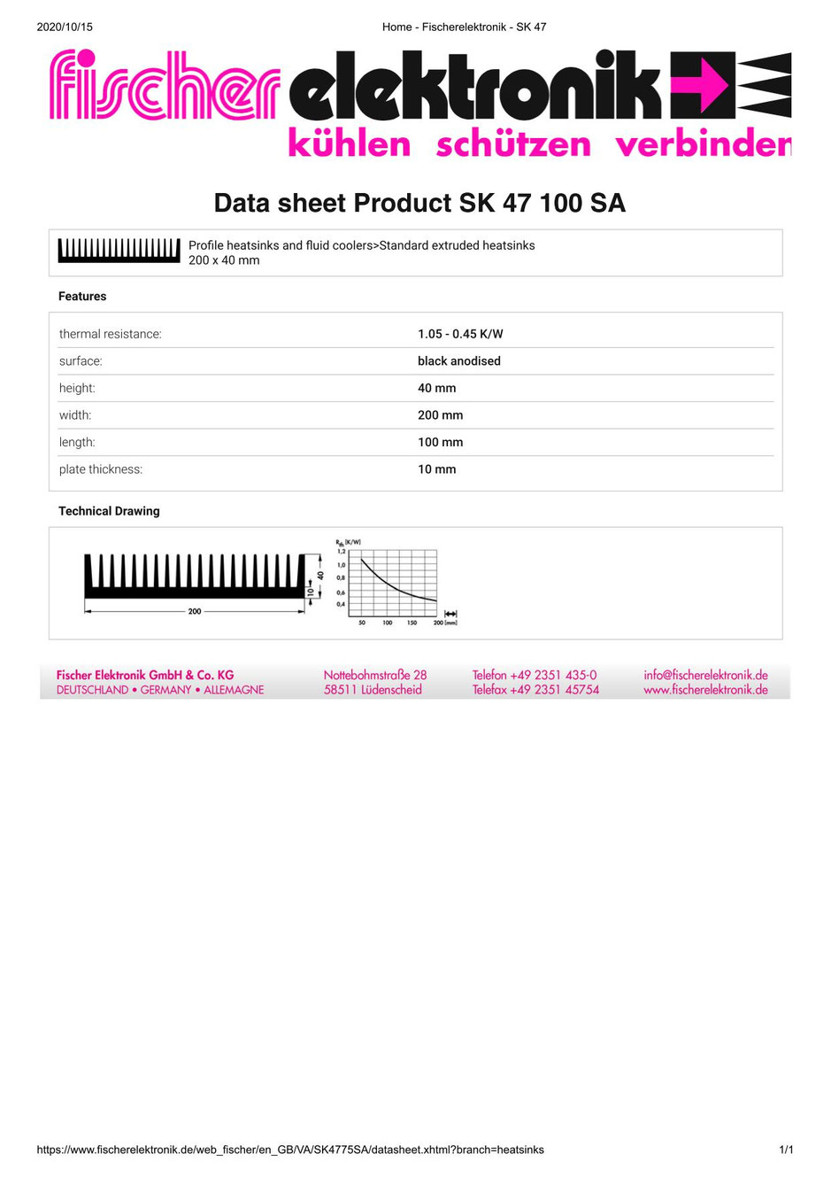 SK47-100-SA  フィッシャー ヒートシンク ユニバーサル角型アルミ 100 x 200 x 40mm