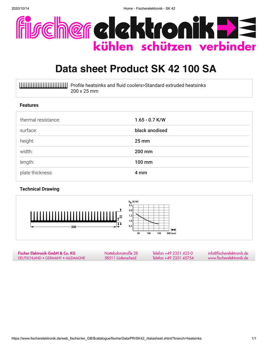 SK42-100-SA 200 x 25 x 100mm   Fischer フィッシャー ヒートシンク 押出成形