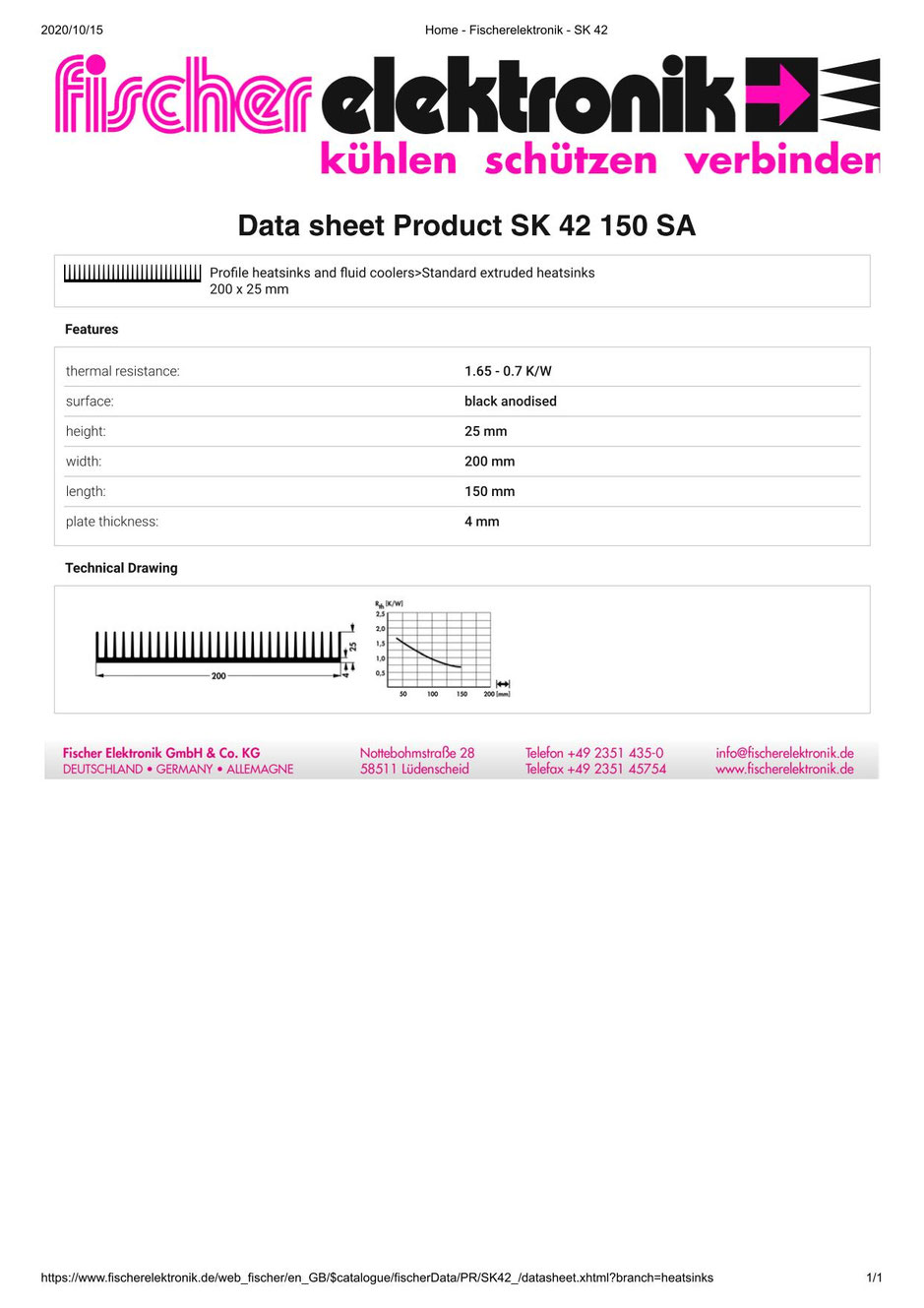 SK42-150-SA フィッシャー ヒートシンク ユニバーサル角型アルミ 150 x 200 x 25mm