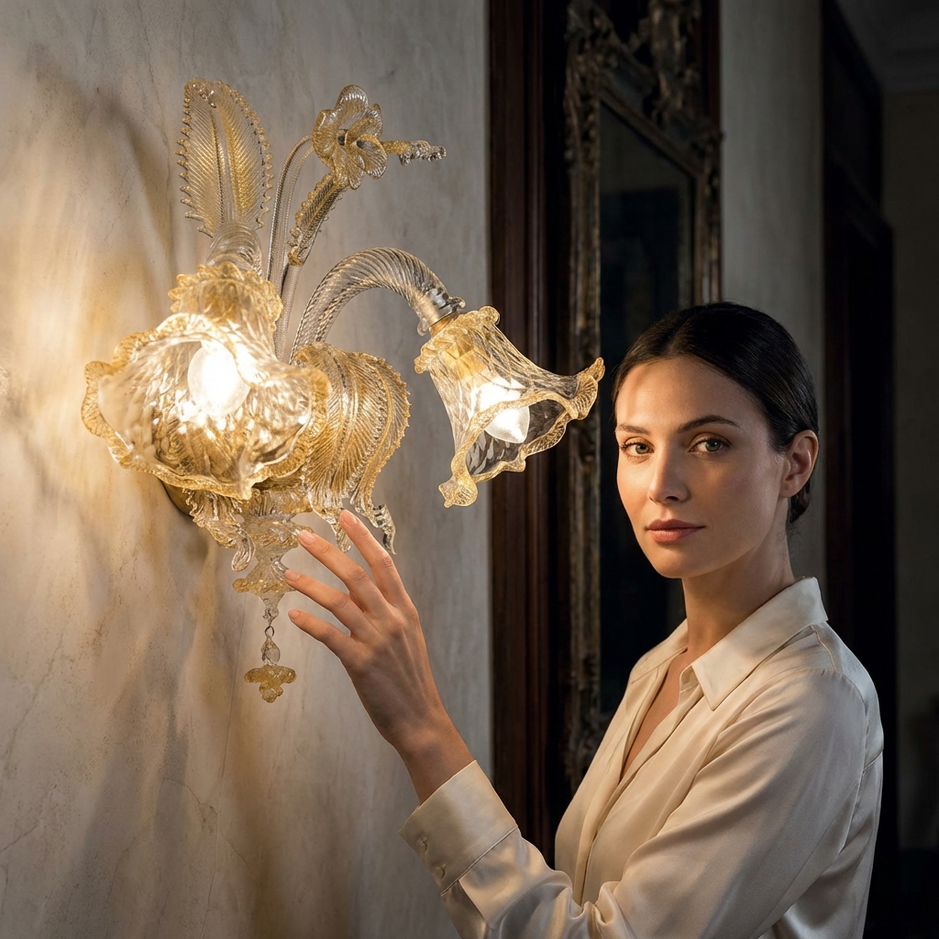 Lampada da parete modello Veneziano Originale in vetro di Murano con oro e due luci