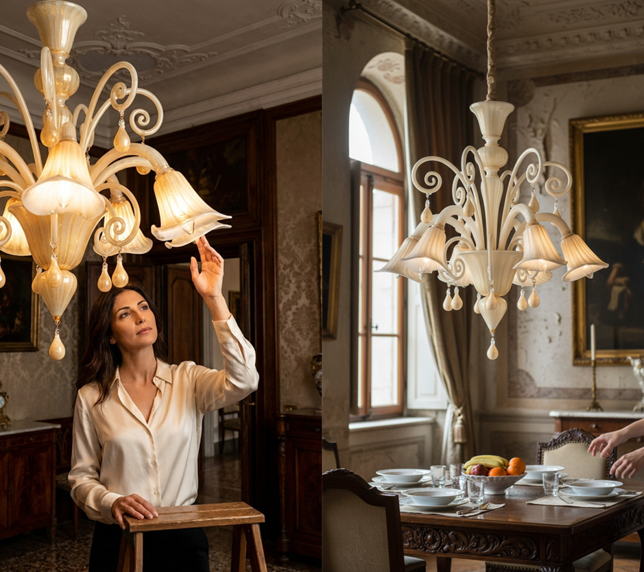 Lampadario classico in vetro di Murano Bach White bianco con dettagli oro