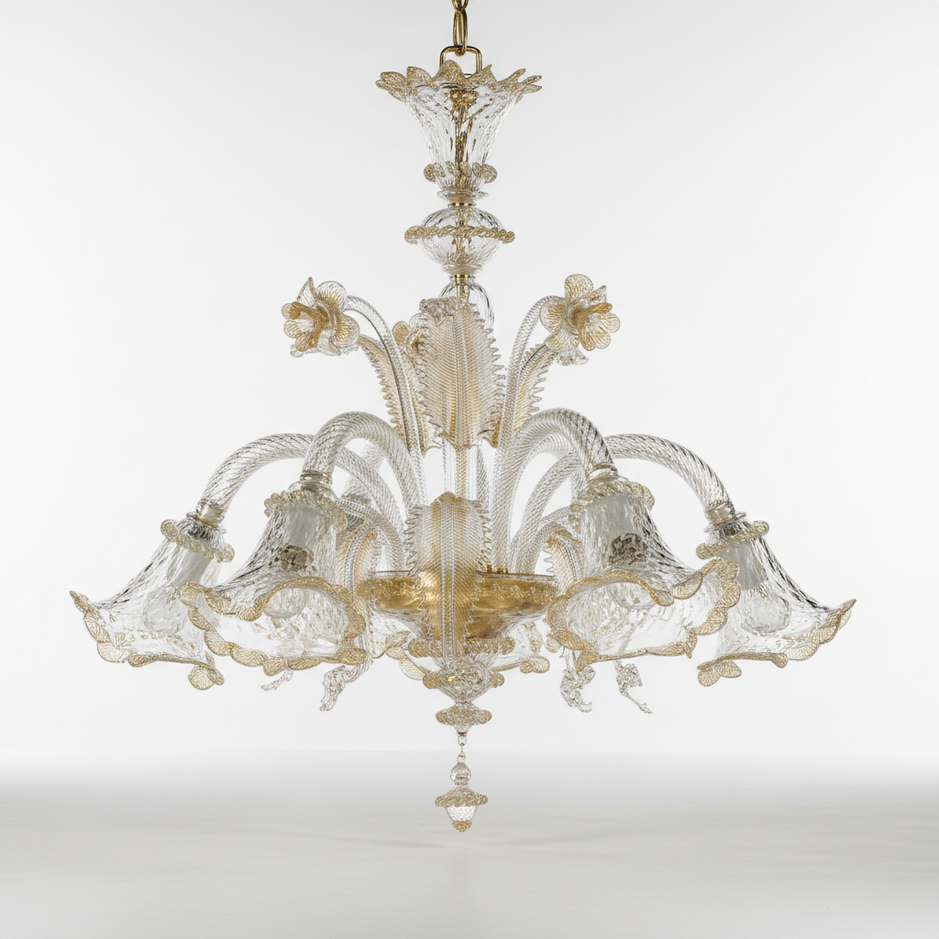 Veneziano  Originale lampadario di Murano trasparente con polvere oro 5 luci