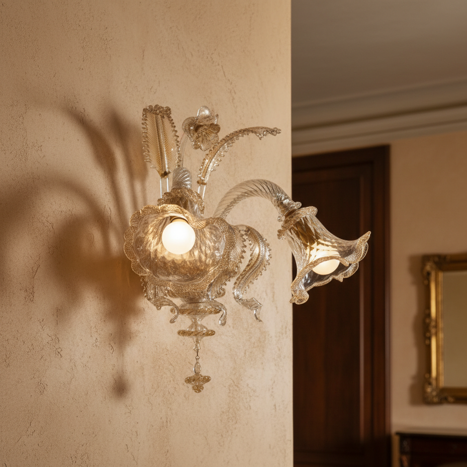 Lampada da parete modello Veneziano Originale in vetro di Murano con oro e due luci