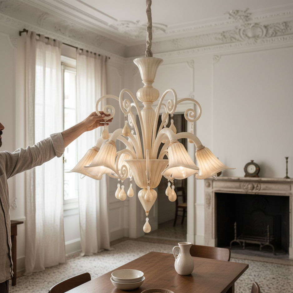 Lampadario artigianale Murano Bach White vetro bianco lavorazione con oro