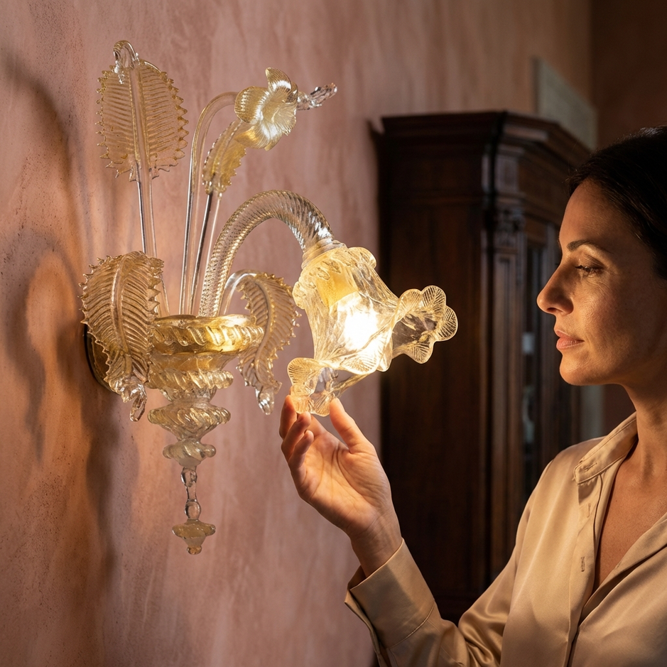 Veneziano Originale lampada da parete in vetro di Murano con oro