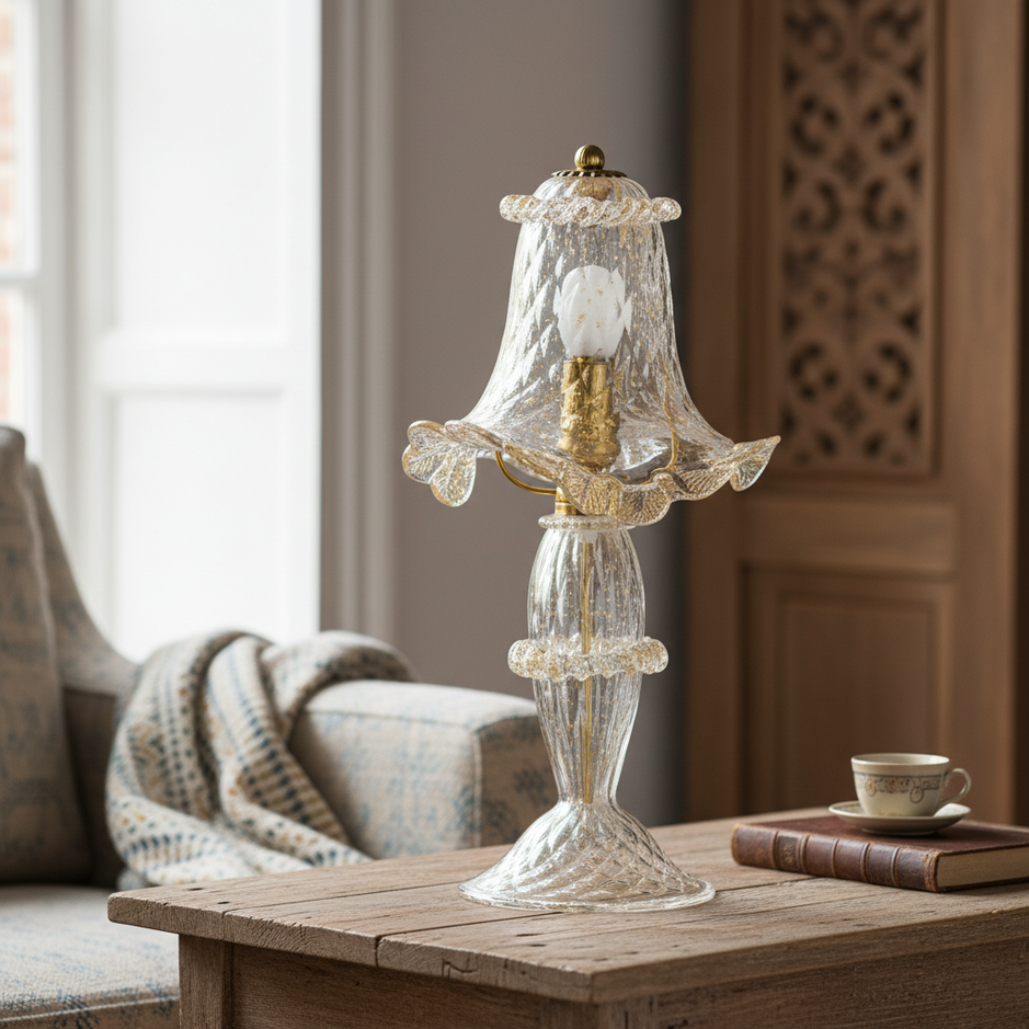 Modello Veneziano Originale lume da appoggio in vetro di Murano con oro