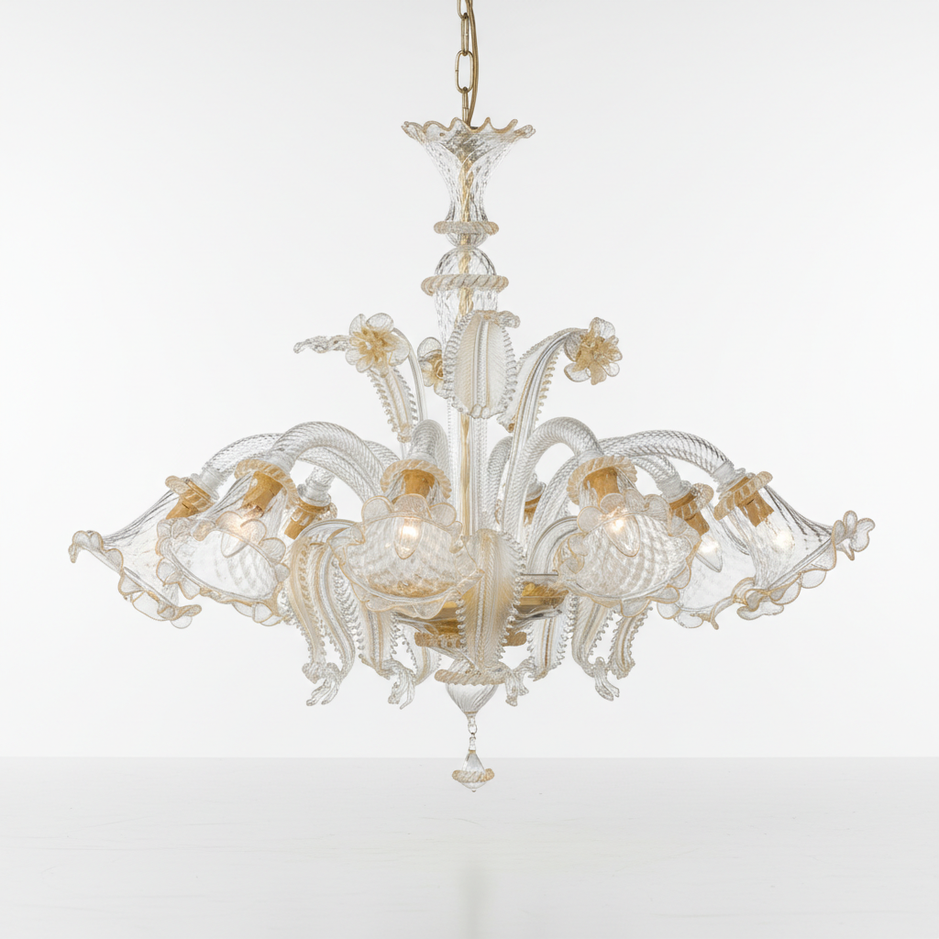 Veneziano  Originale lampadario di Murano trasparente con polvere oro 6 luci