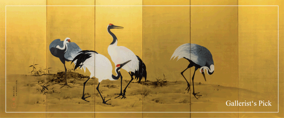 Mochizuki Gyokkei 望月玉渓 (1874-1938): Pair of Six-panel Screens with Cranes, Meiji period, dated 1906, each H 173,5 x W 366,0 cm