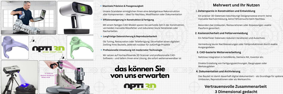 Infofeld mit der Aufschrift das könnenSie von uns erwarten, mit der Aufzählung von Mehrwert und Nutzen für den Kunden auf der opti3D Webseite
