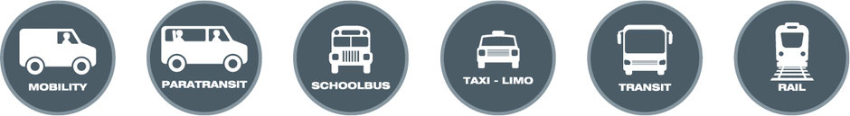 Icons of different mobility options: Paratransit, schoolbus, taxi, transit and rail