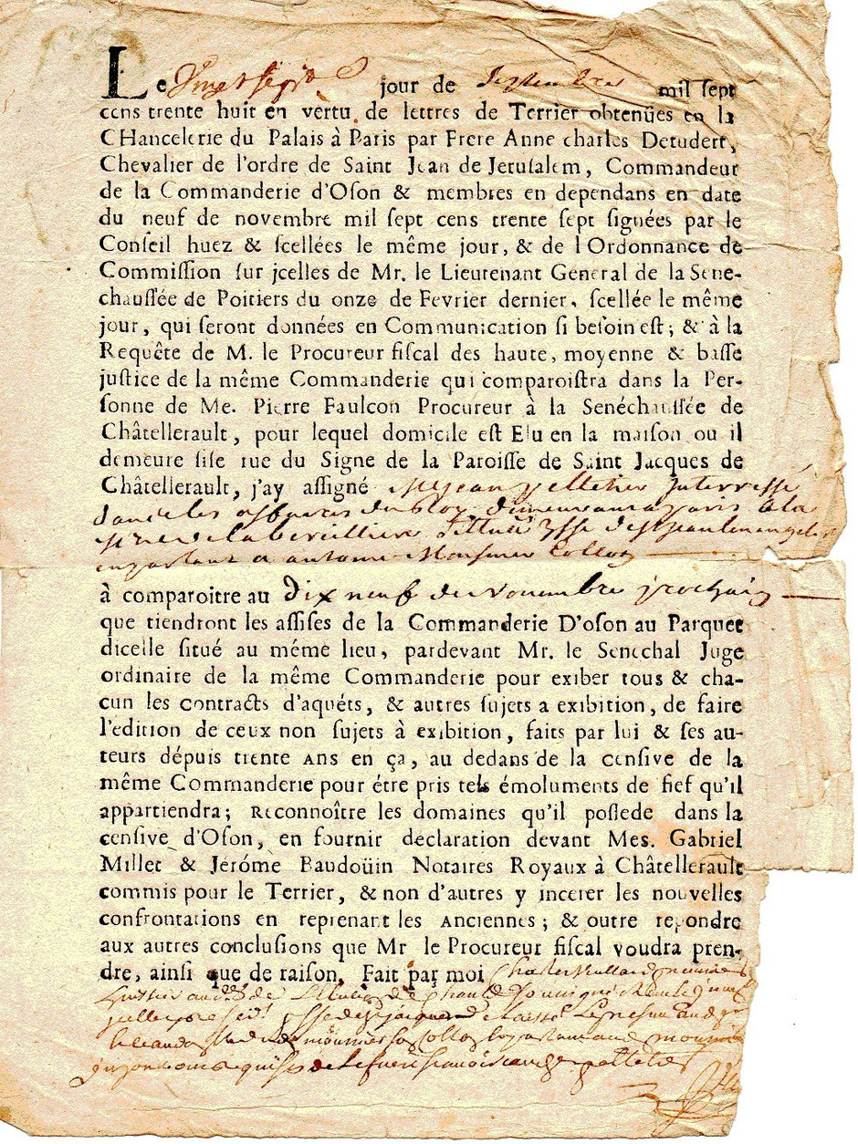 1738 – Assignation pour la Bercillière (Original) 