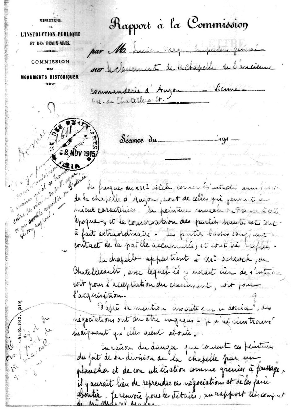 Rapport à la commission des monuments historiques - 1913