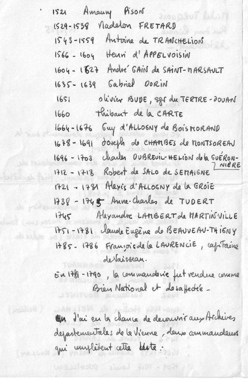 Recherches Michel Turquois aux Archives de la Vienne - 1965