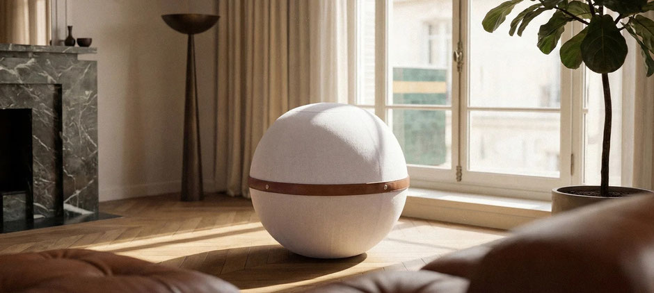 Siège ballon Bloon au tissu lin disposé dans un salon lumineux, à côté d'un canapé, créant une ambiance de décoration intérieure moderne et apaisante. Siège Ballon Bloon Dune ERGOaccessoires.com
