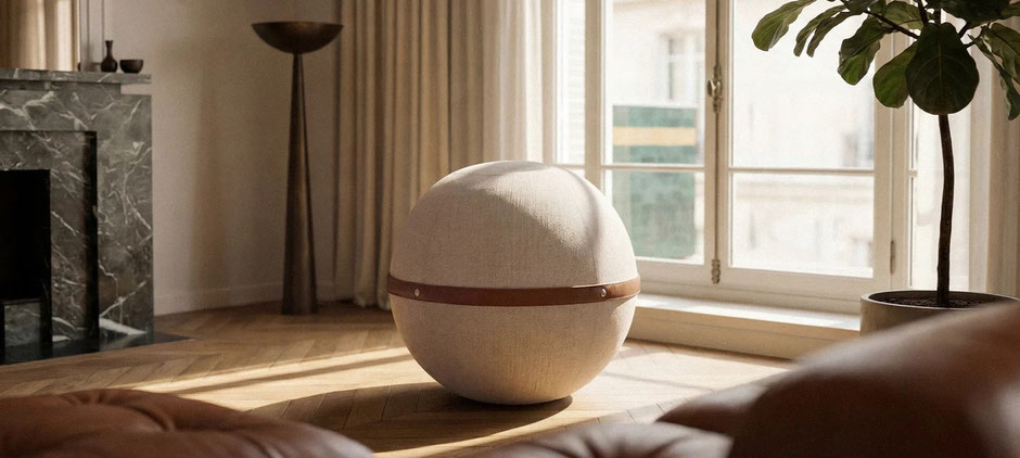 Siège ballon Bloon au tissu lin disposé dans un salon lumineux, à côté d'un canapé, créant une ambiance de décoration intérieure moderne et apaisante. Siège Ballon Bloon Dune ERGOaccessoires.com