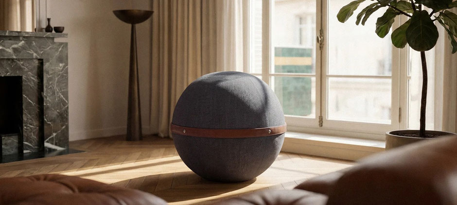 Siège ballon Bloon au tissu lin disposé dans un salon lumineux, à côté d'un canapé, créant une ambiance de décoration intérieure moderne et apaisante. Siège Ballon Bloon Dune ERGOaccessoires.com