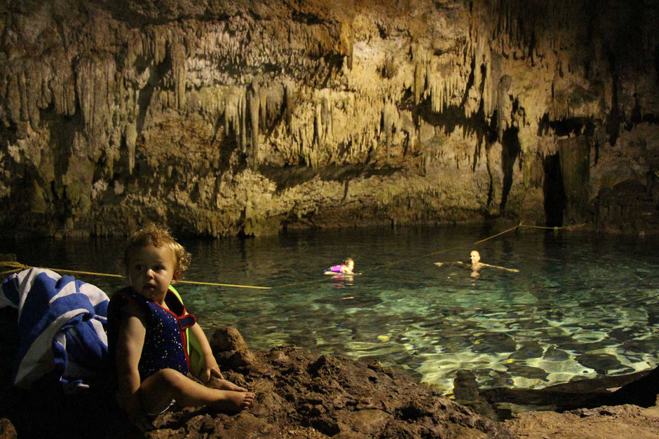 Swimming in cenotes in Mexico with toddlers