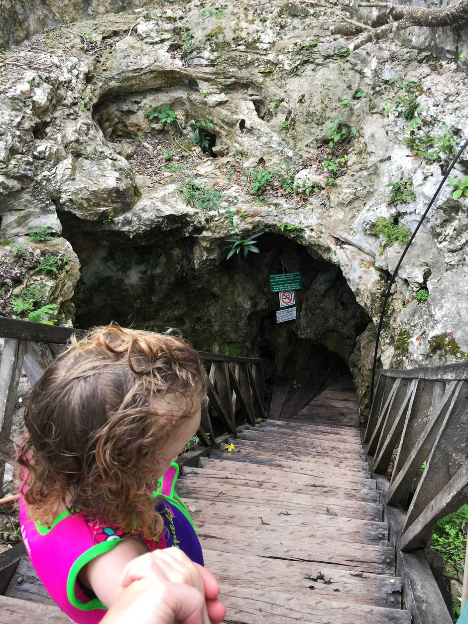 Cenote Choo-ha near Coba in Mexico with toddler