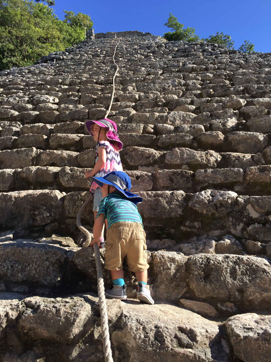 Climbing Coba Ruins With Small Children Mexico